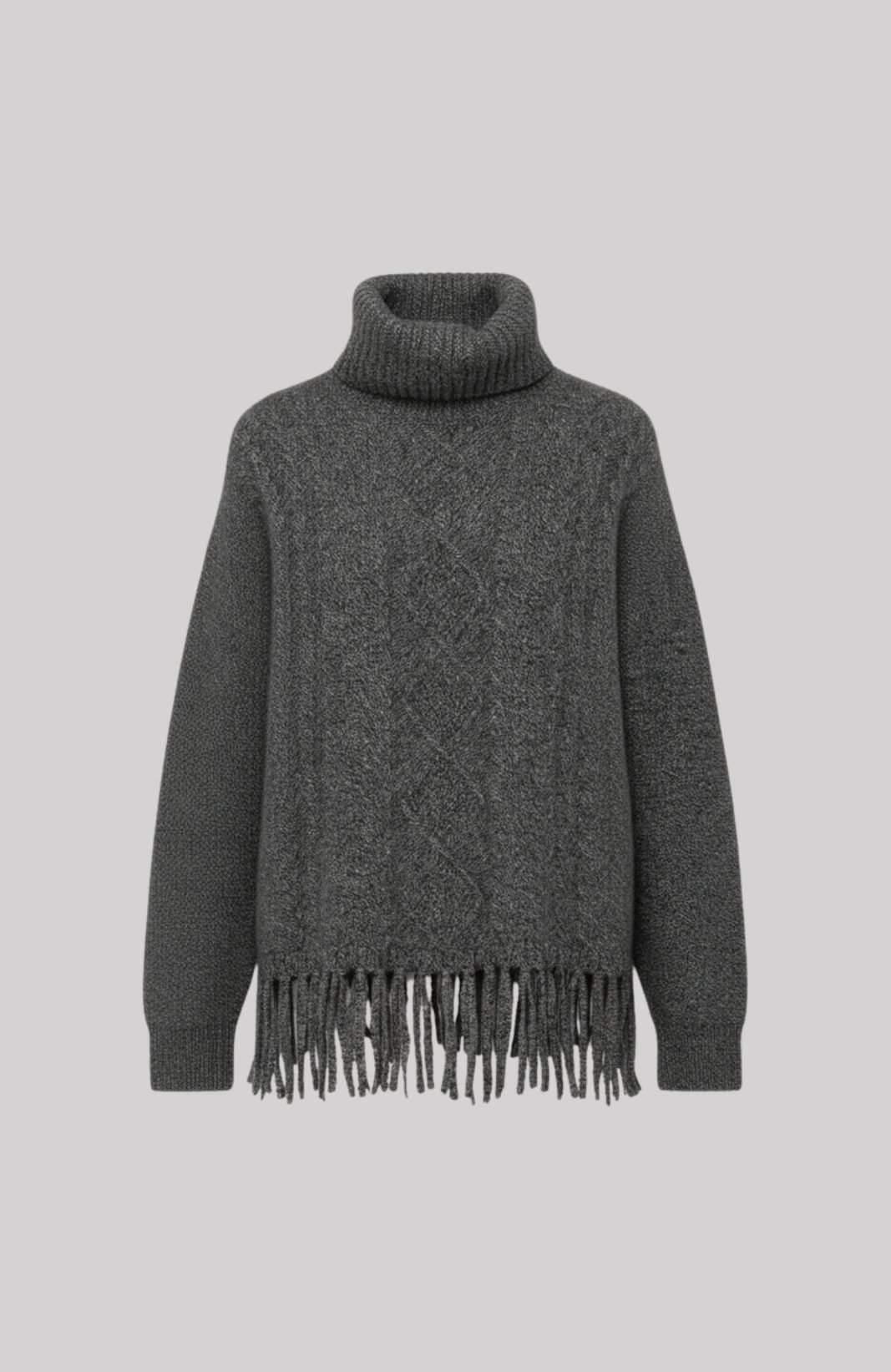 Cable Knit Fringe Turtleneck Sweater
