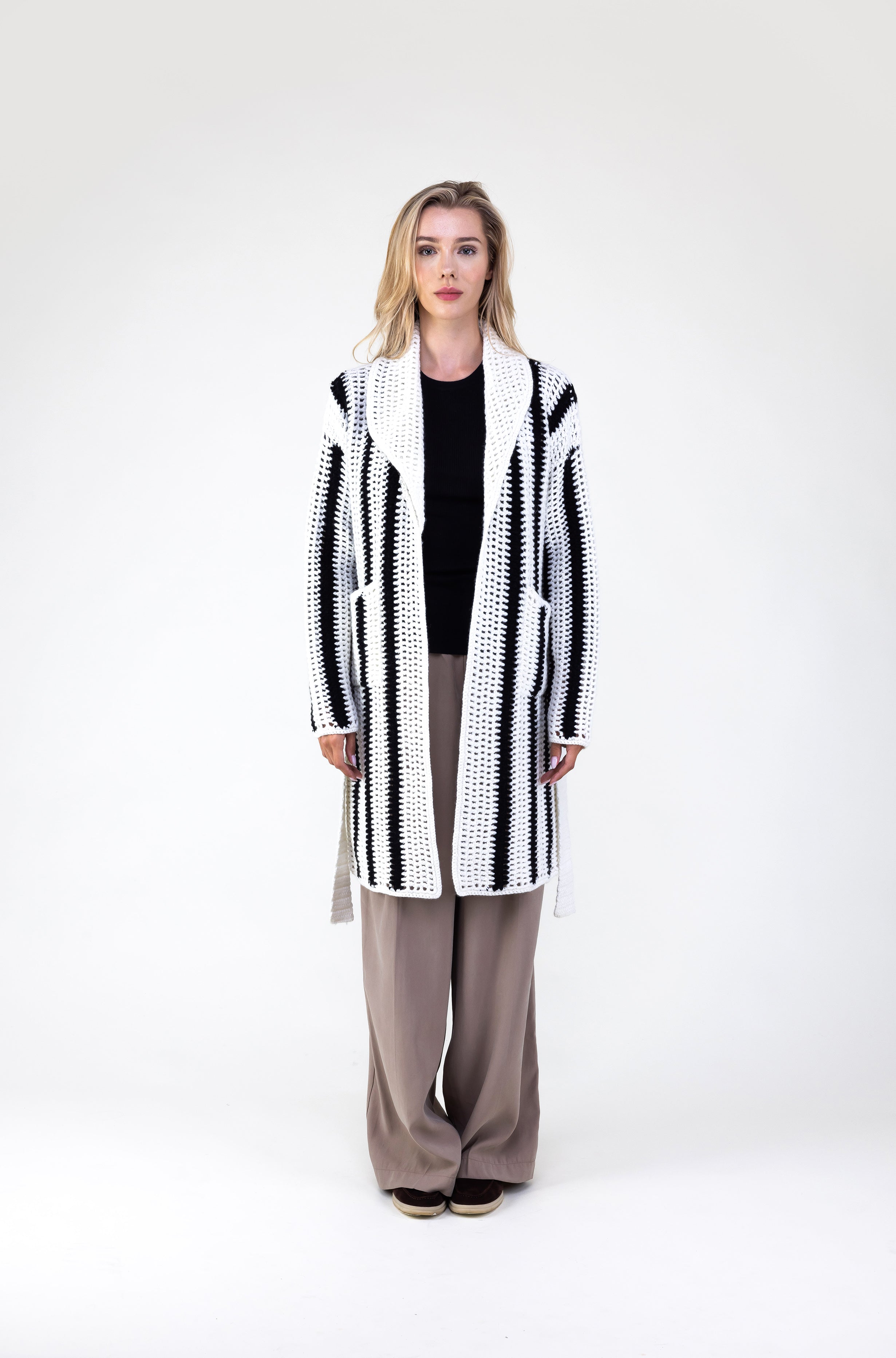 Van Kukil Striped Crochet Belted Coat