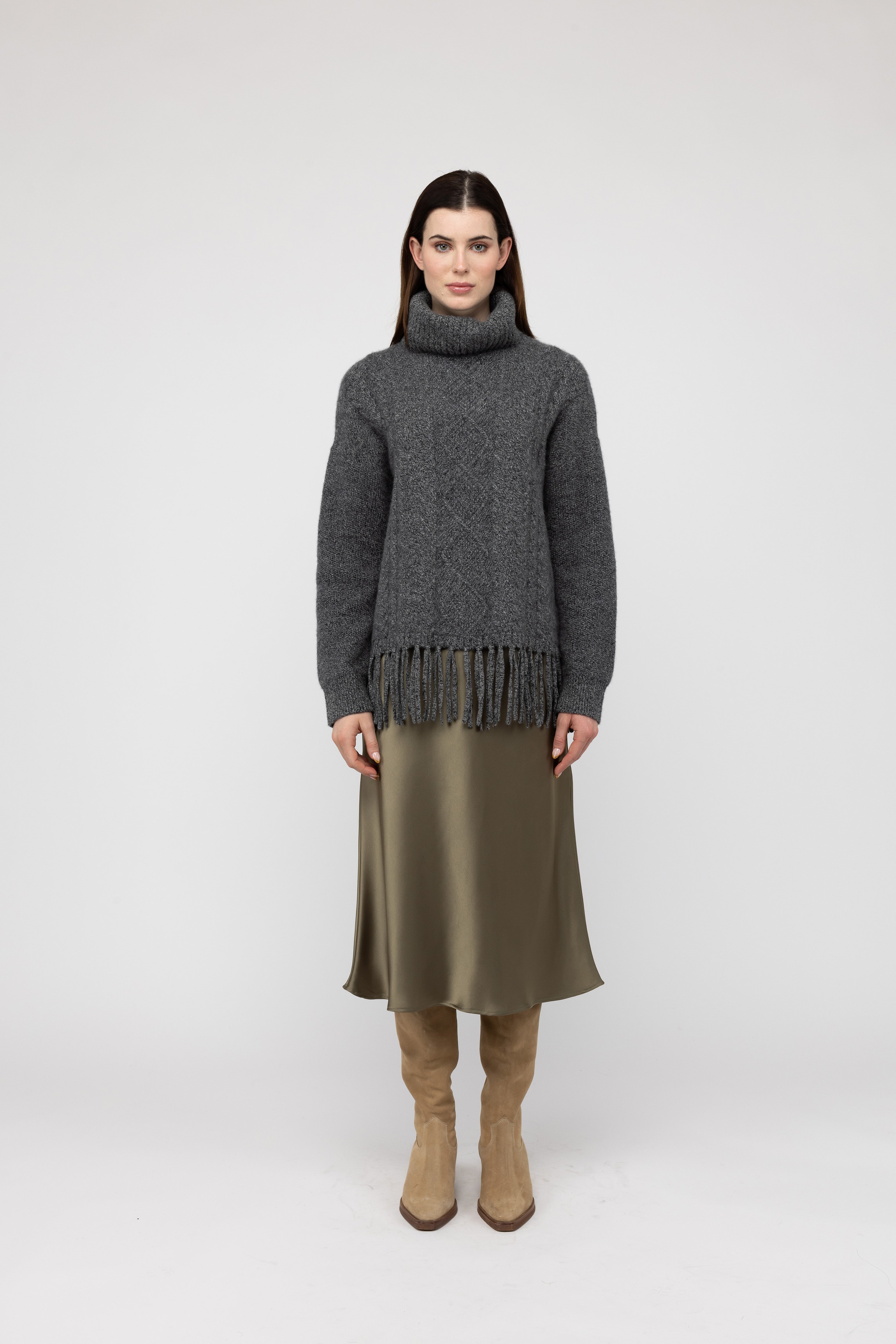 Van Kukil Cable Knit Fringe Turtleneck Sweater