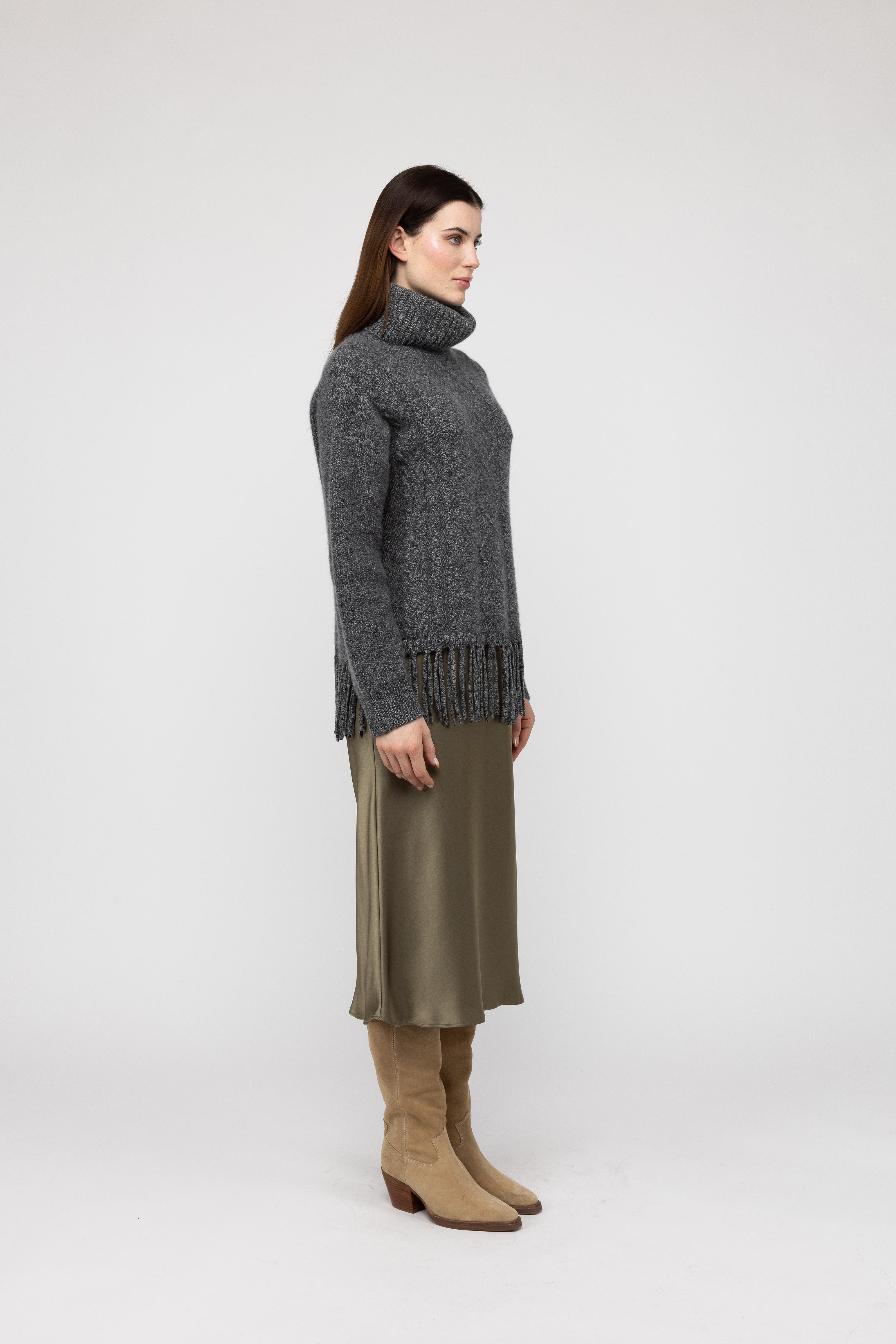Van Kukil Cable Knit Fringe Turtleneck Sweater