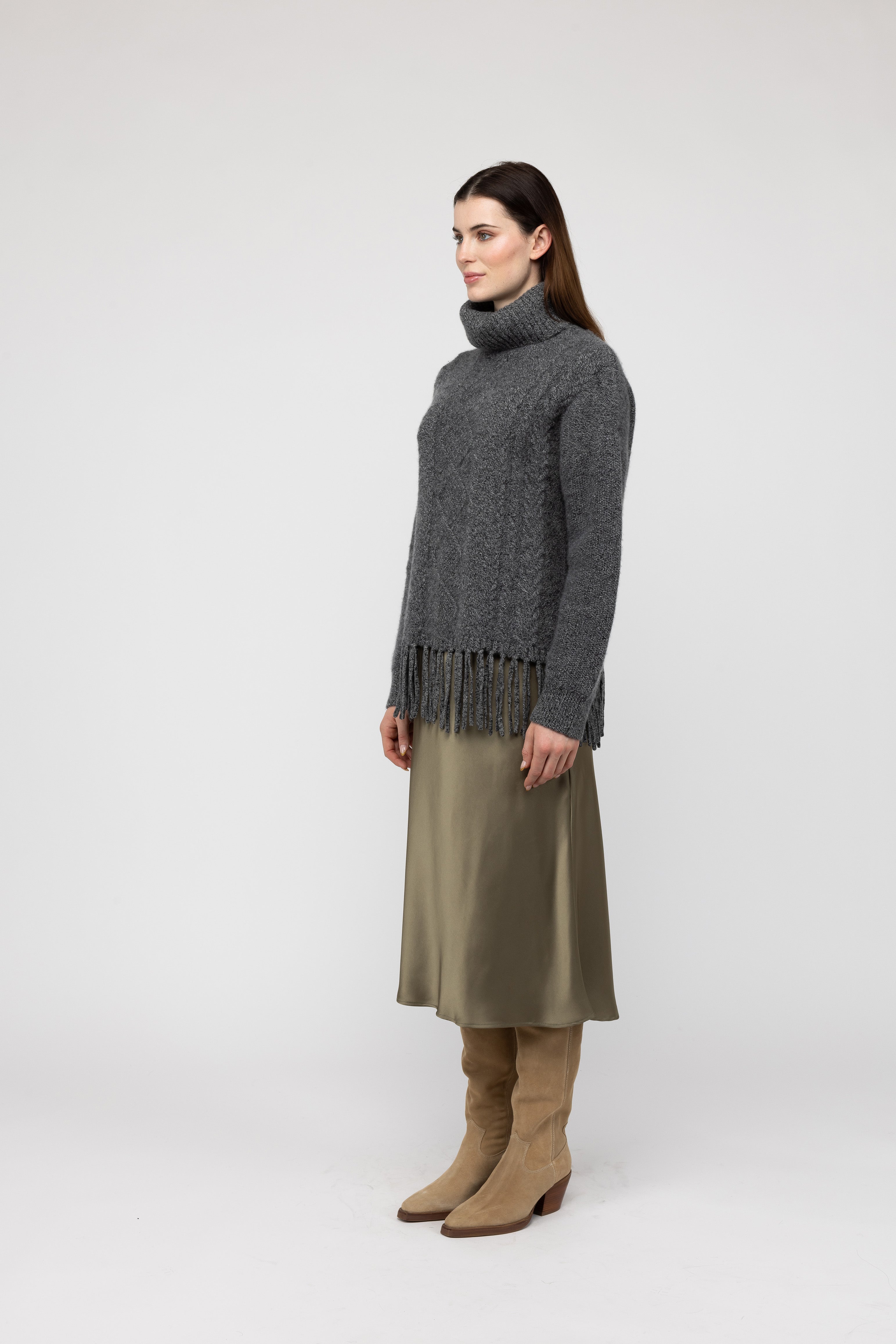 Van Kukil Cable Knit Fringe Turtleneck Sweater