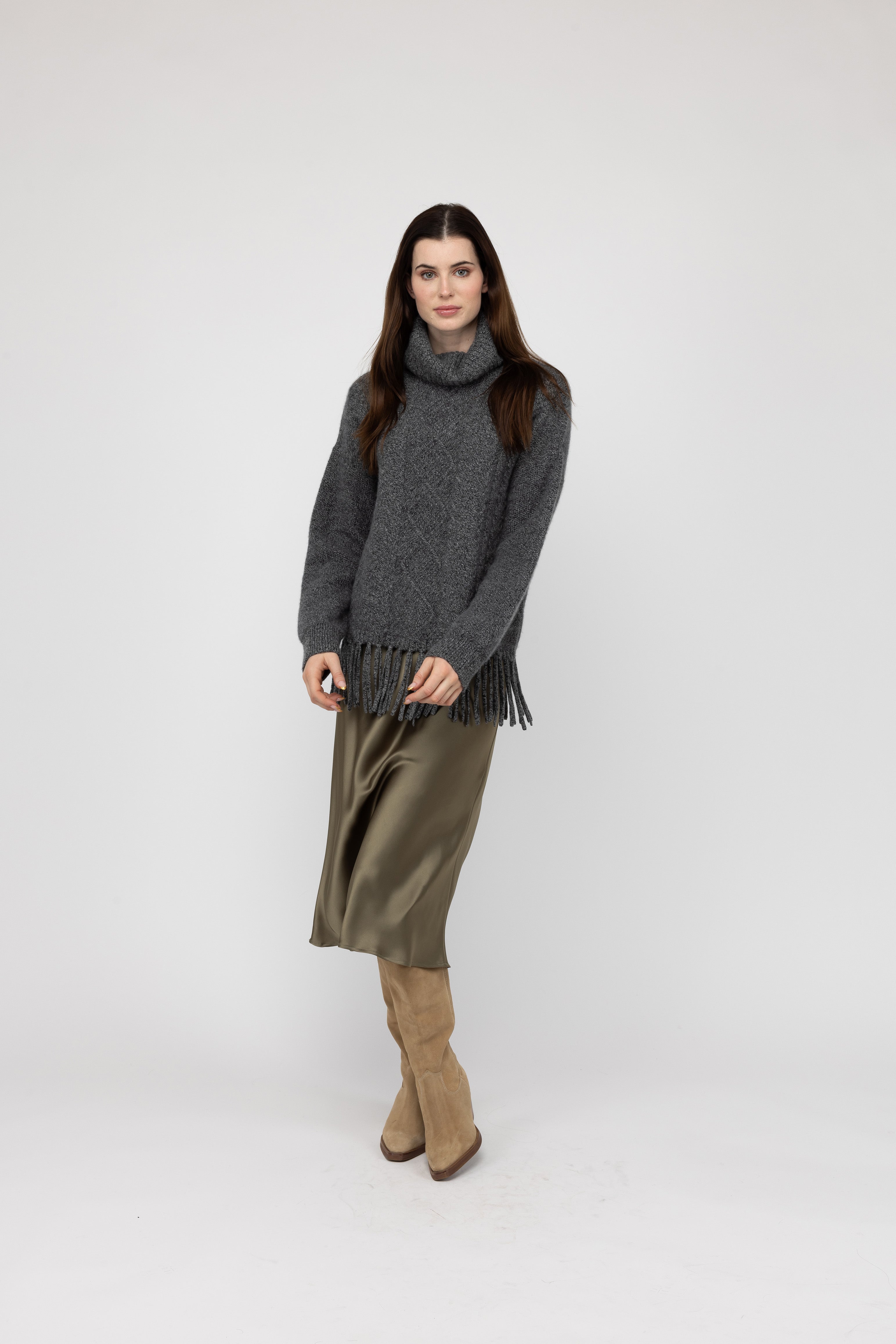 Van Kukil Cable Knit Fringe Turtleneck Sweater