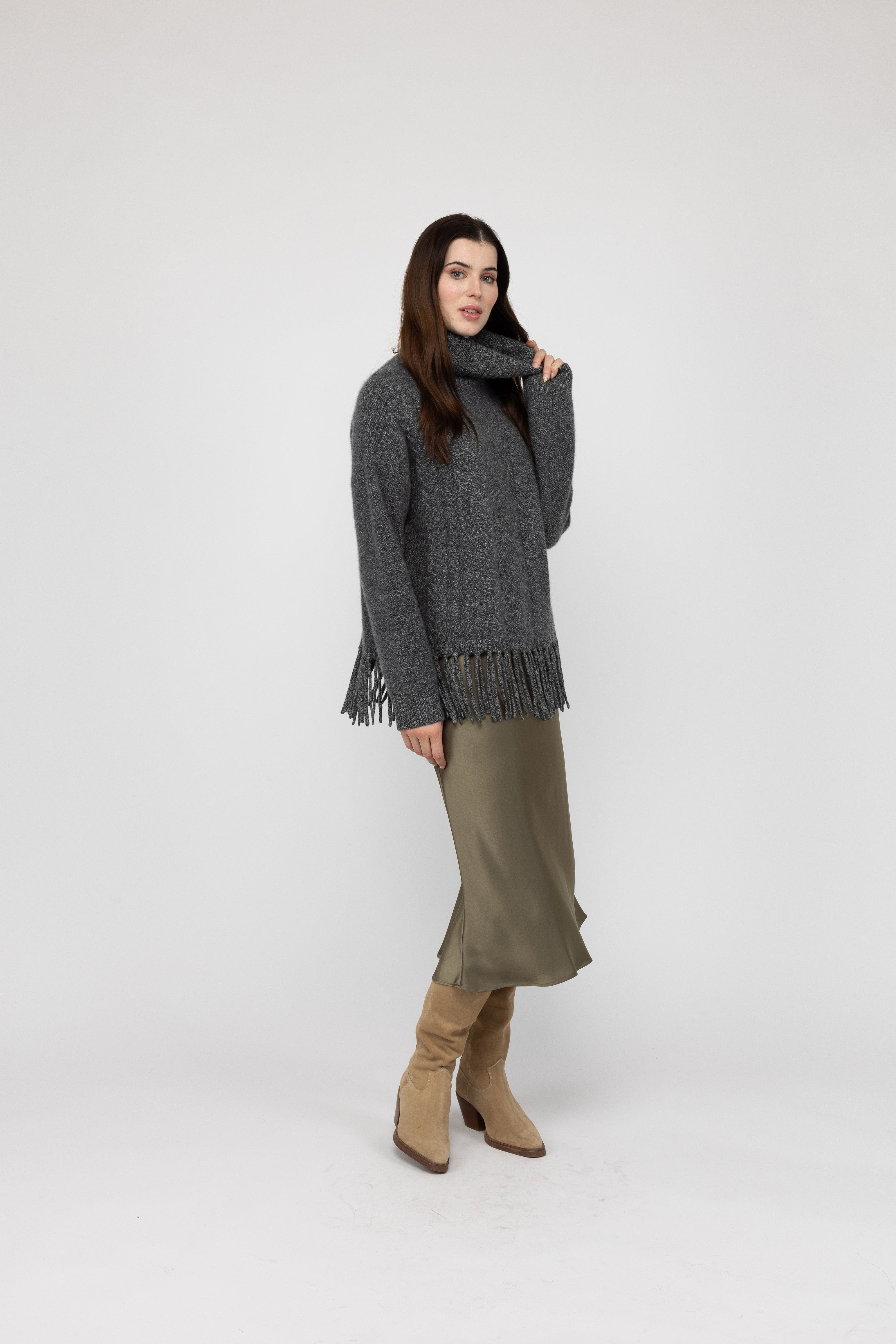 Van Kukil Cable Knit Fringe Turtleneck Sweater