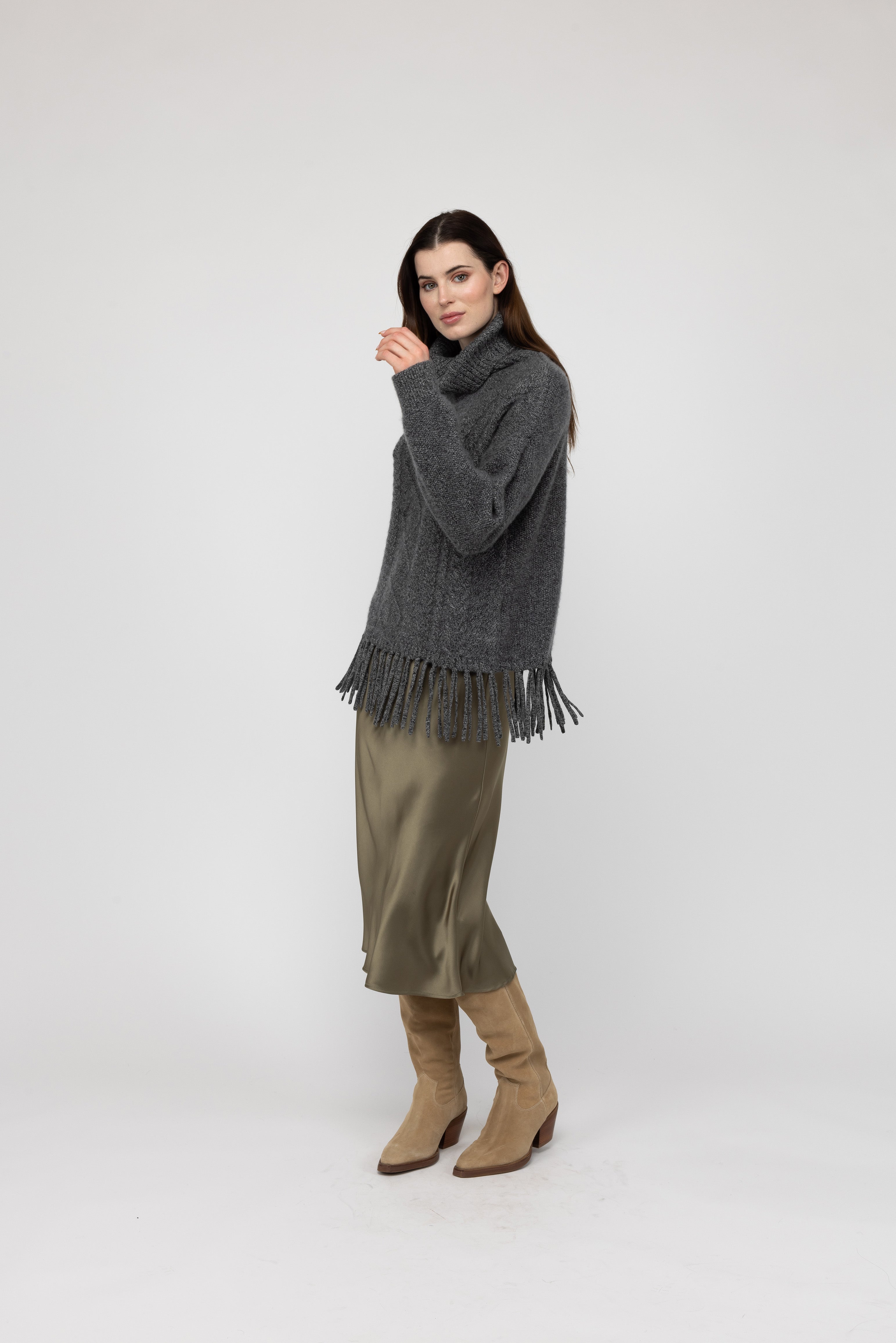 Van Kukil Cable Knit Fringe Turtleneck Sweater