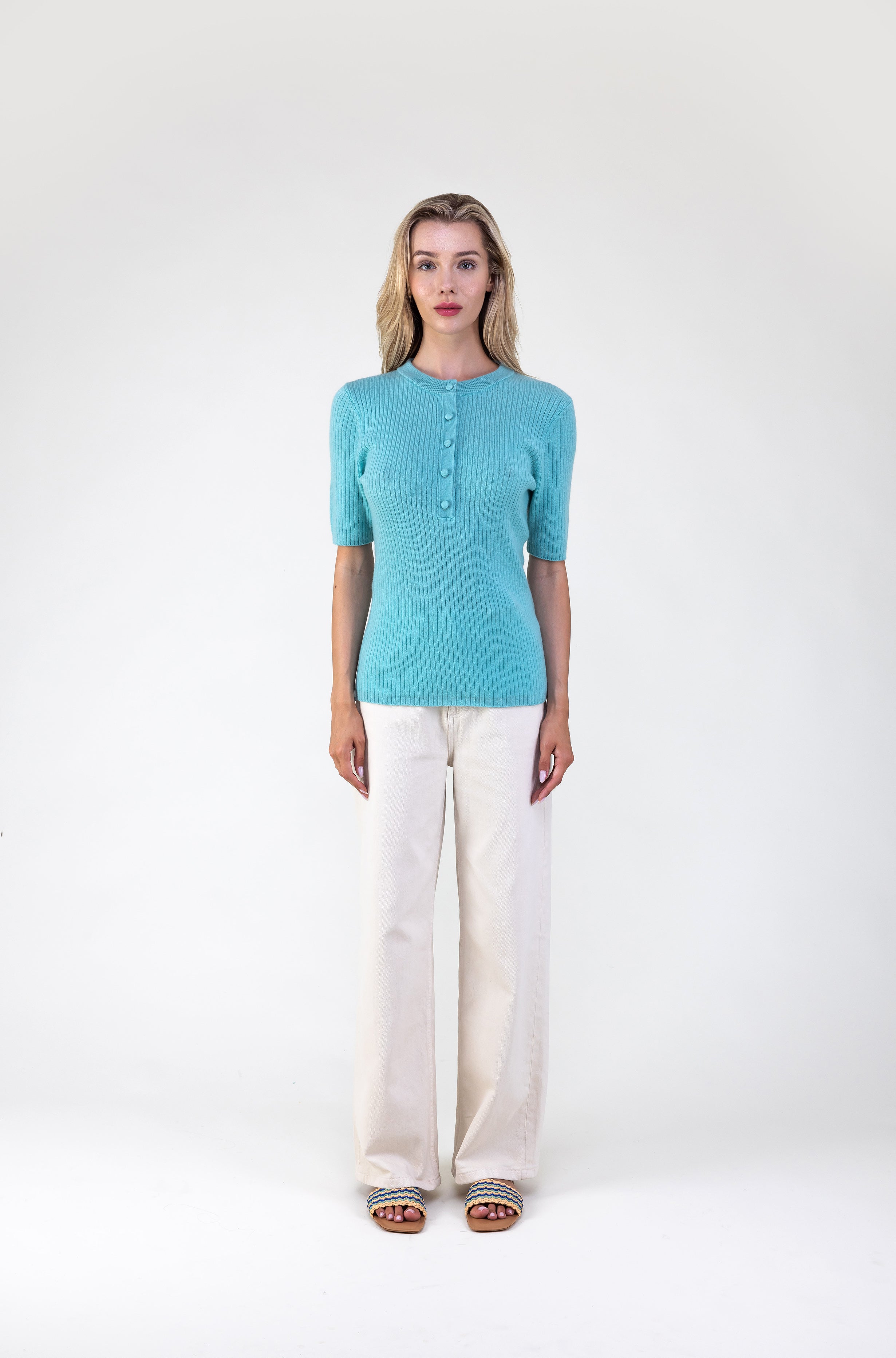 Van Kukil 100% Cashmere Ribbed Henley Sweater