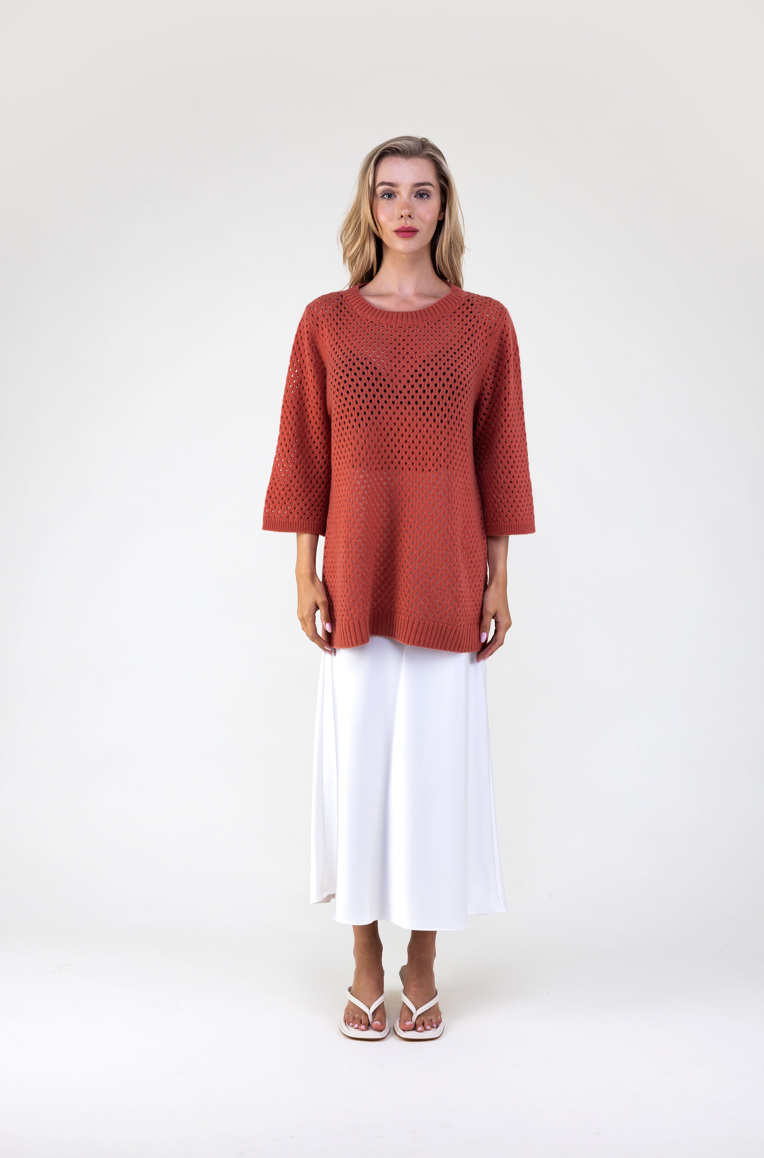 Van Kukil Open-Knit Three-Quarter Sleeve Sweater