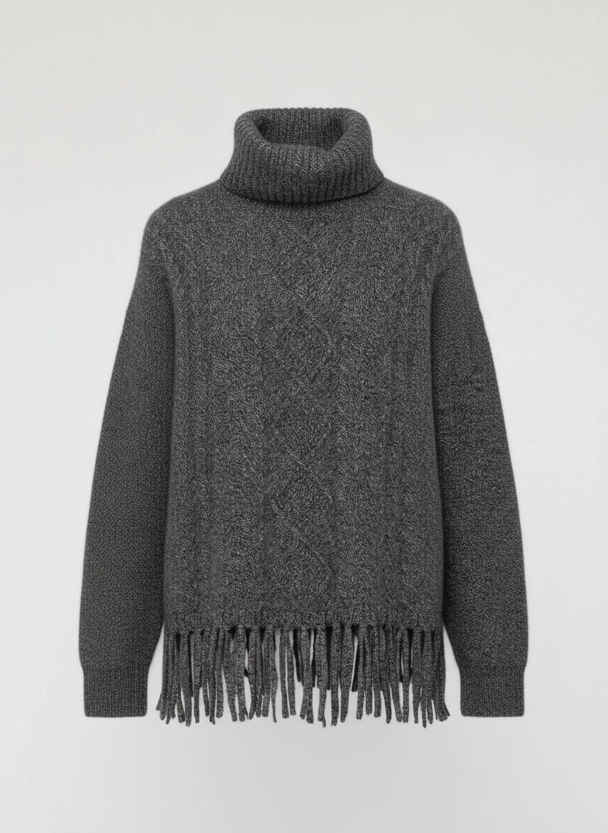 Van Kukil Cable Knit Fringe Turtleneck Sweater