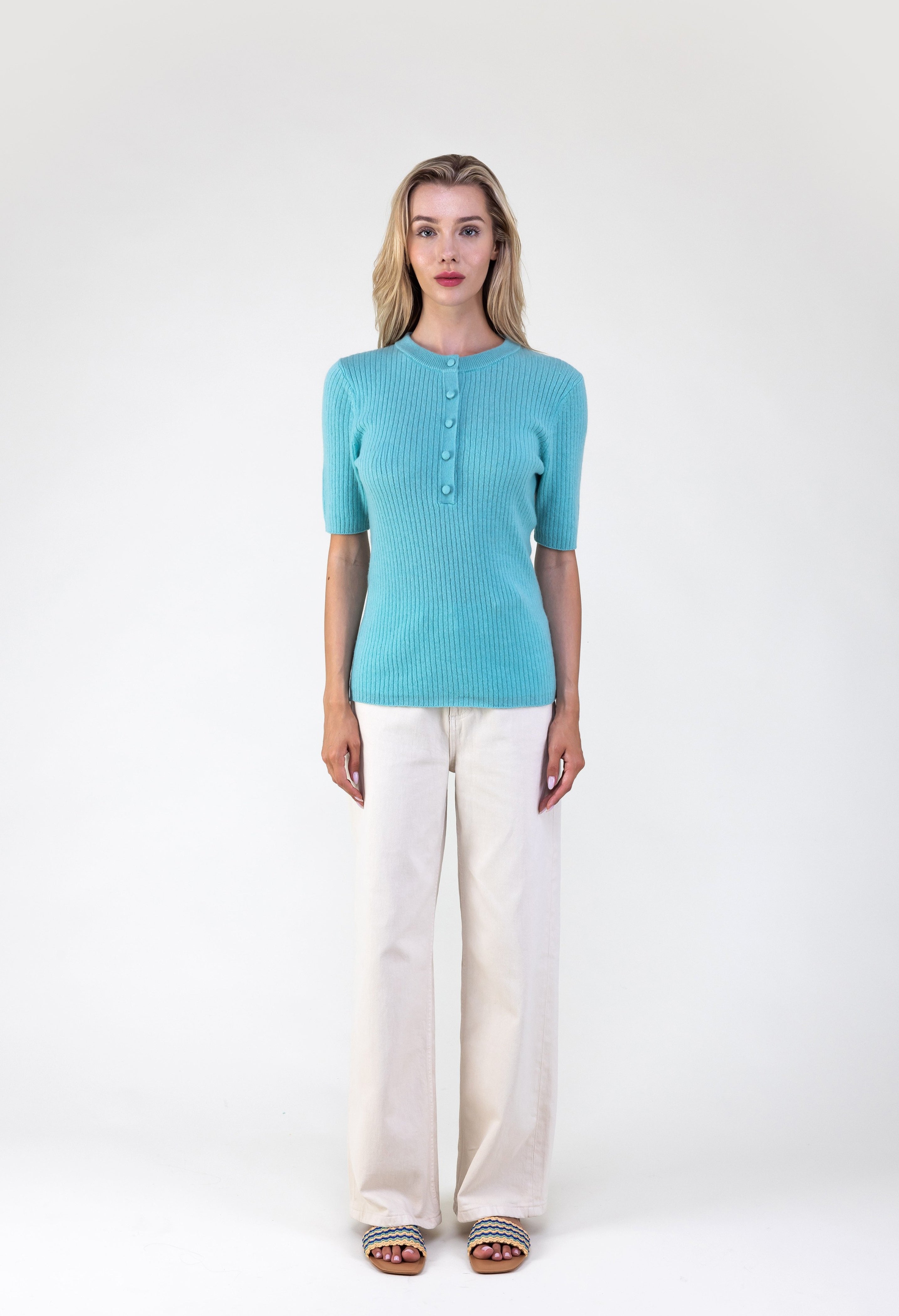 Van Kukil 100% Cashmere Ribbed Henley Sweater