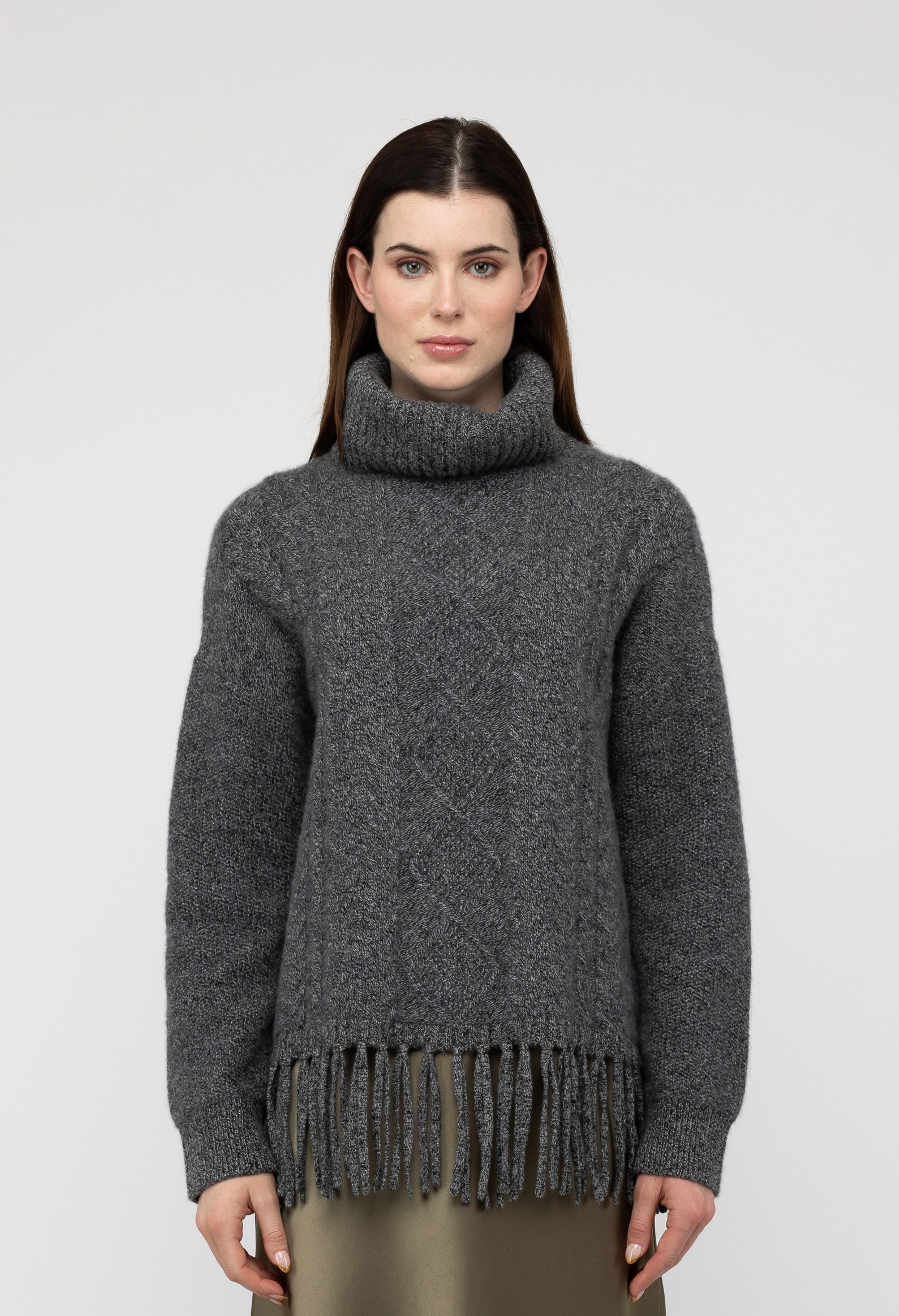 Van Kukil Cable Knit Fringe Turtleneck Sweater