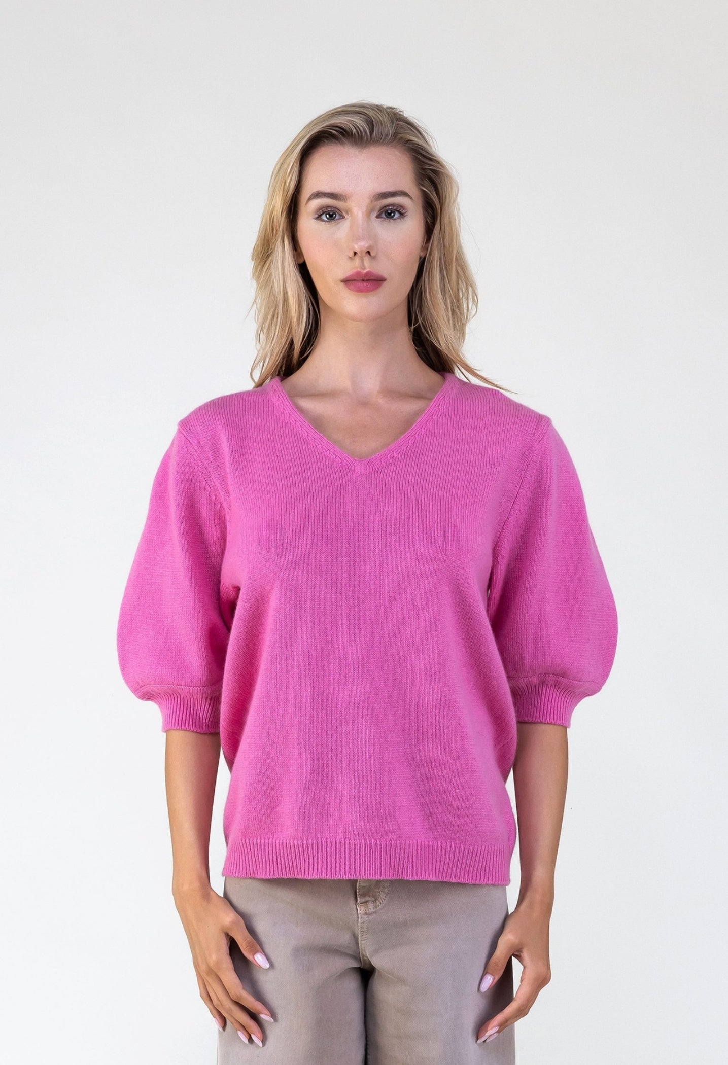 Van Kukil Cashmere Puff Sleeve V-Neck Sweater