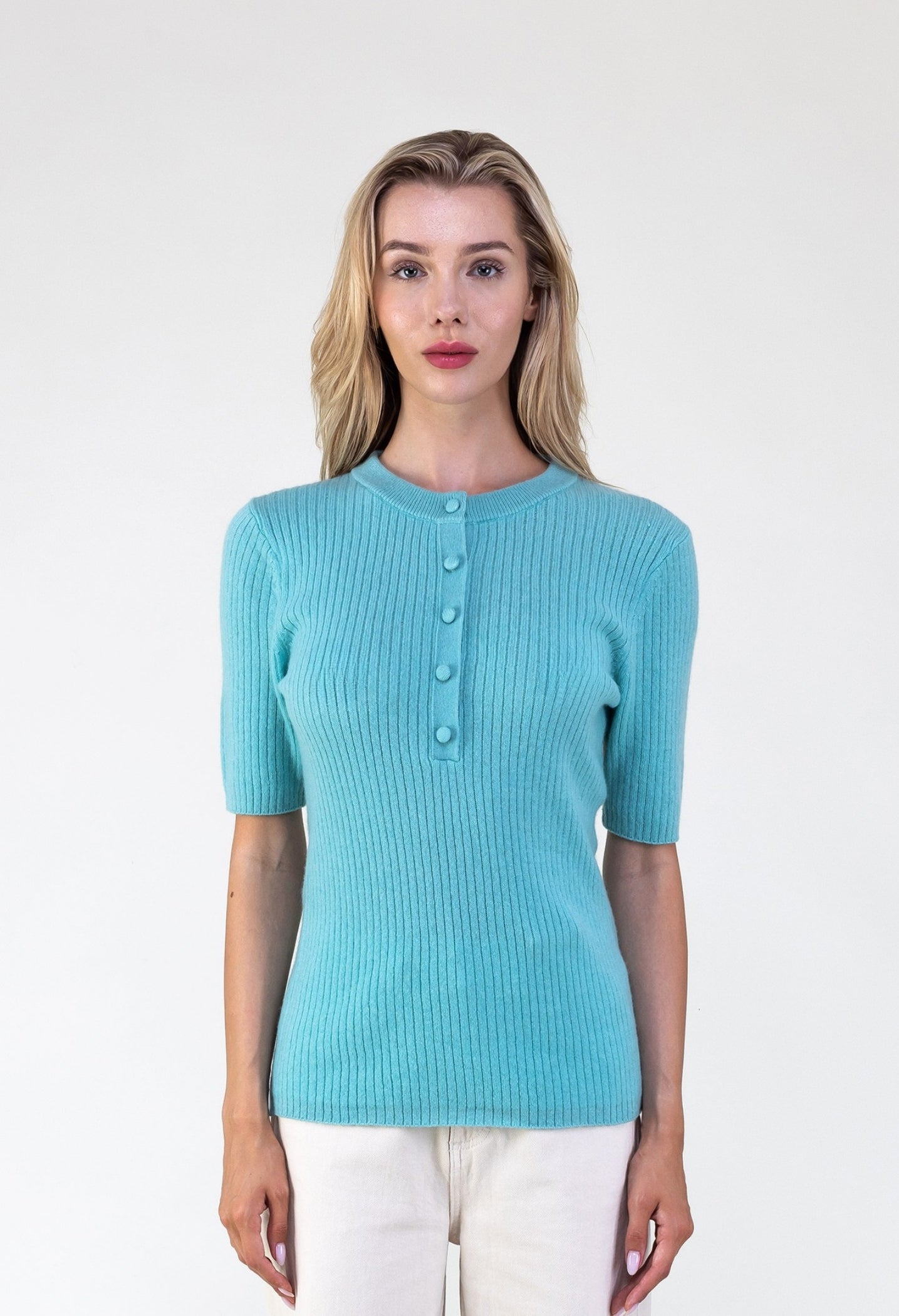 Van Kukil 100% Cashmere Ribbed Henley Sweater
