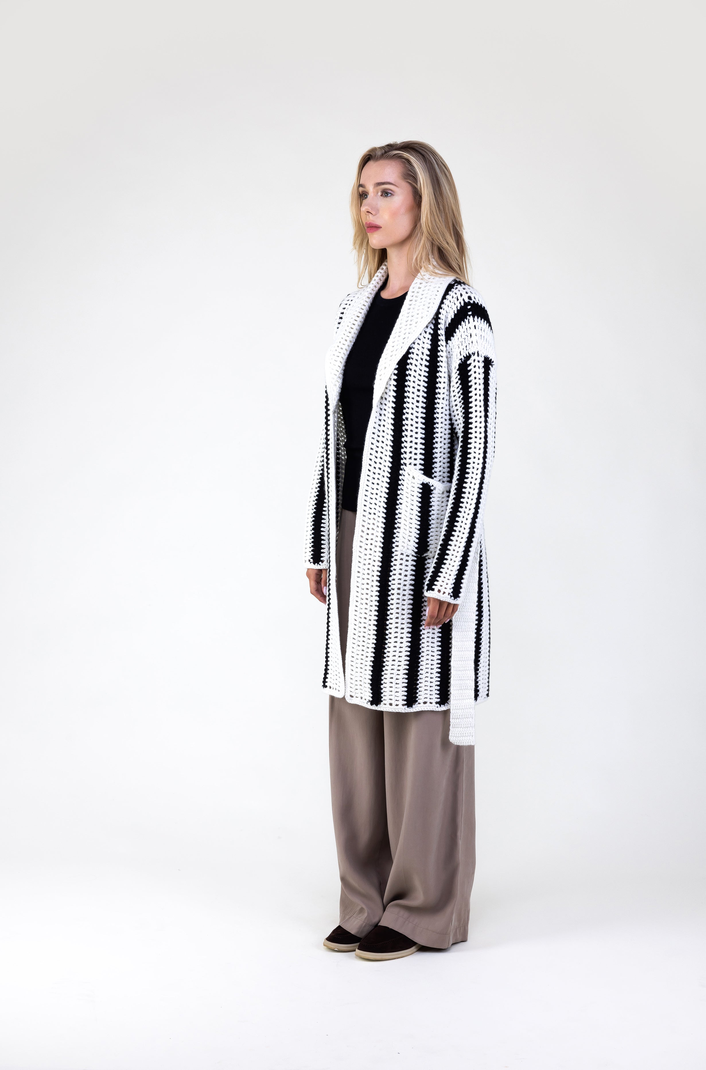 Van Kukil Striped Crochet Belted Coat
