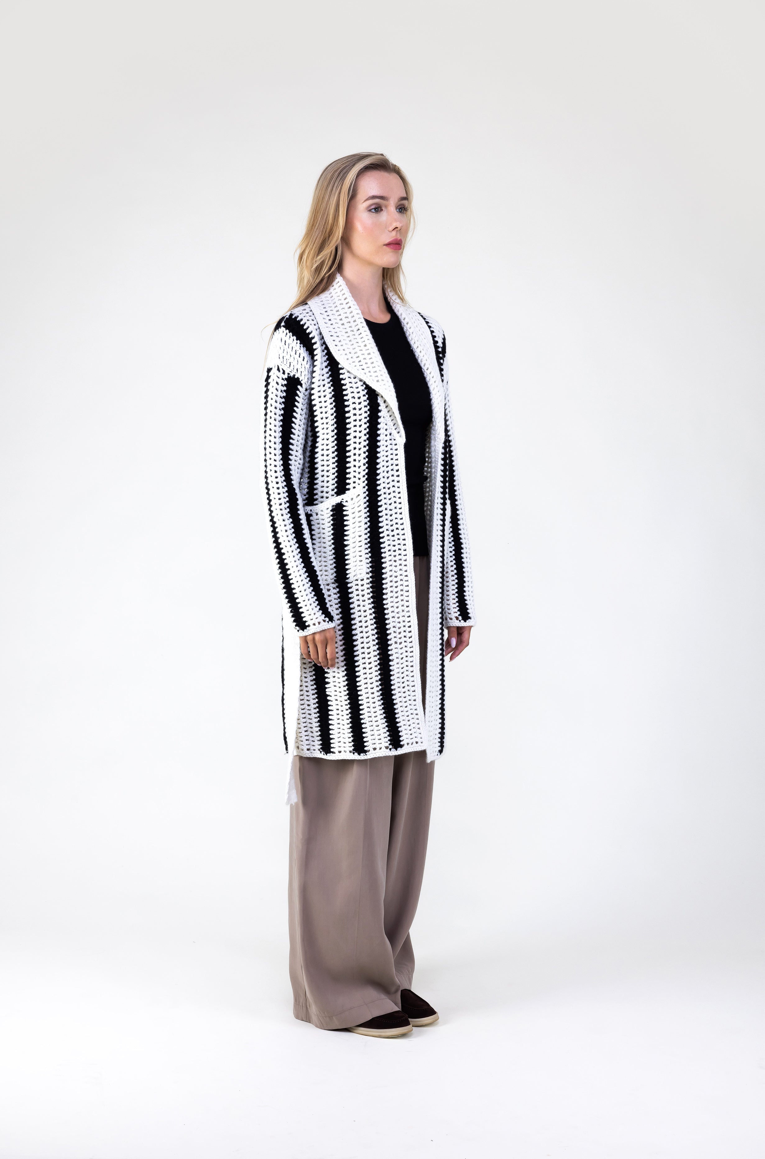Van Kukil Striped Crochet Belted Coat