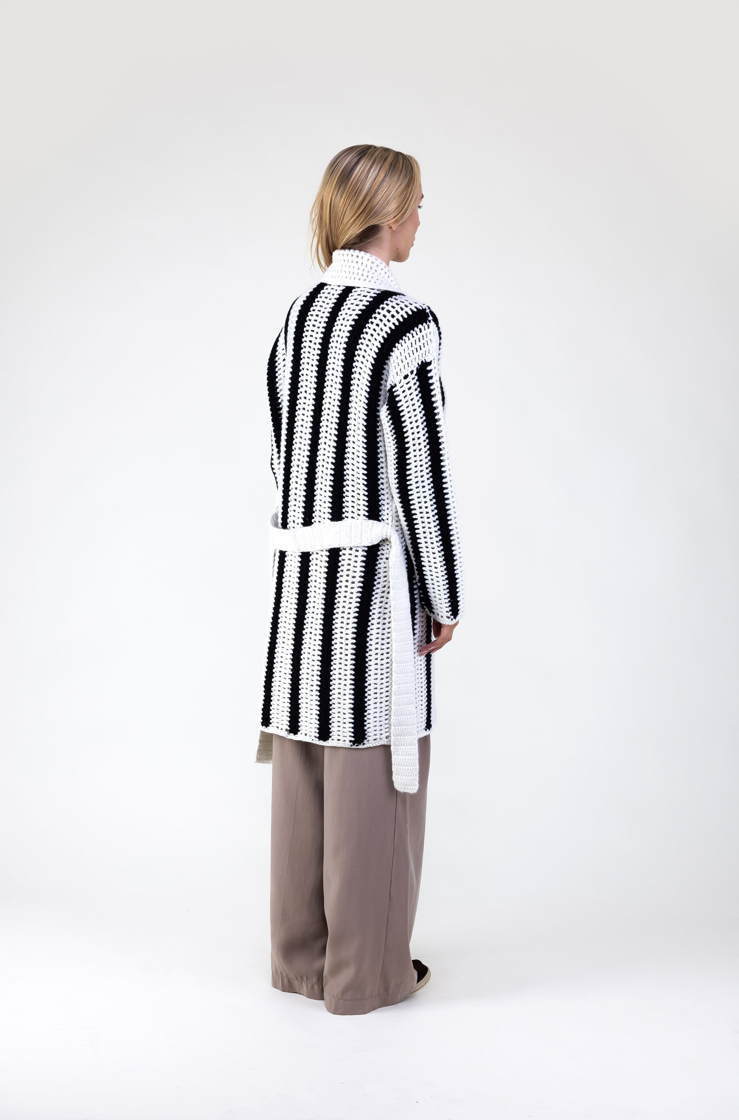 Van Kukil Striped Crochet Belted Coat