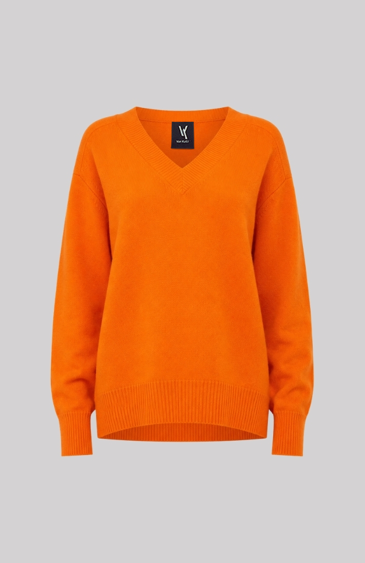 Orange Cashmere V-Neck Sweater for Women