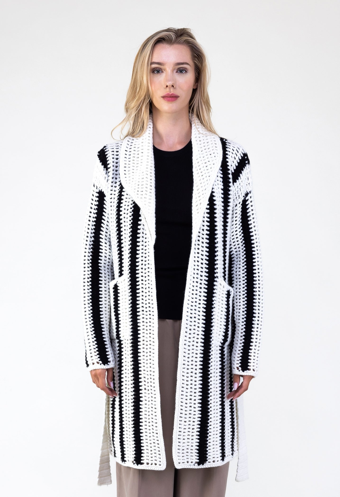Van Kukil Striped Crochet Belted Coat